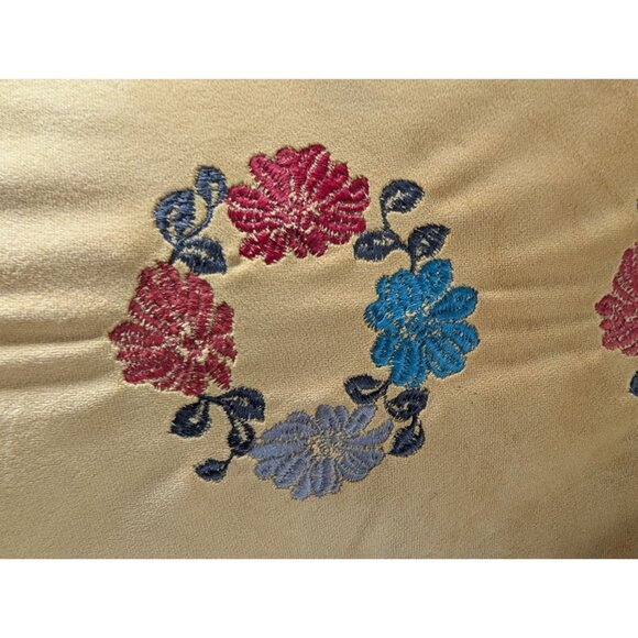 Vintage Floral Embroidered Pillow Yellow & Blue Velour 19x13 Rectangular Cushion - Picture 2 of 6